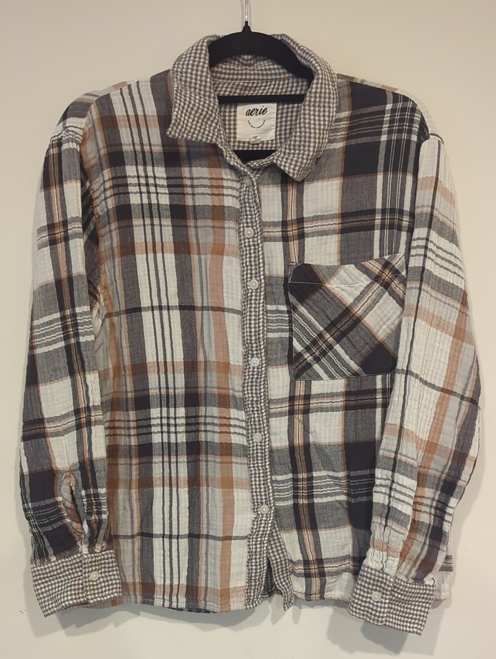 aerie Plaid Button-Down Shirt in Brown, Gray & White